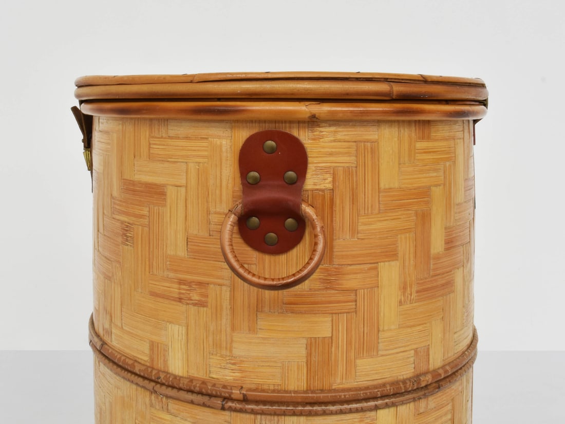 Italian Closed Rattan Basket with Leather Details, 1973 - 6