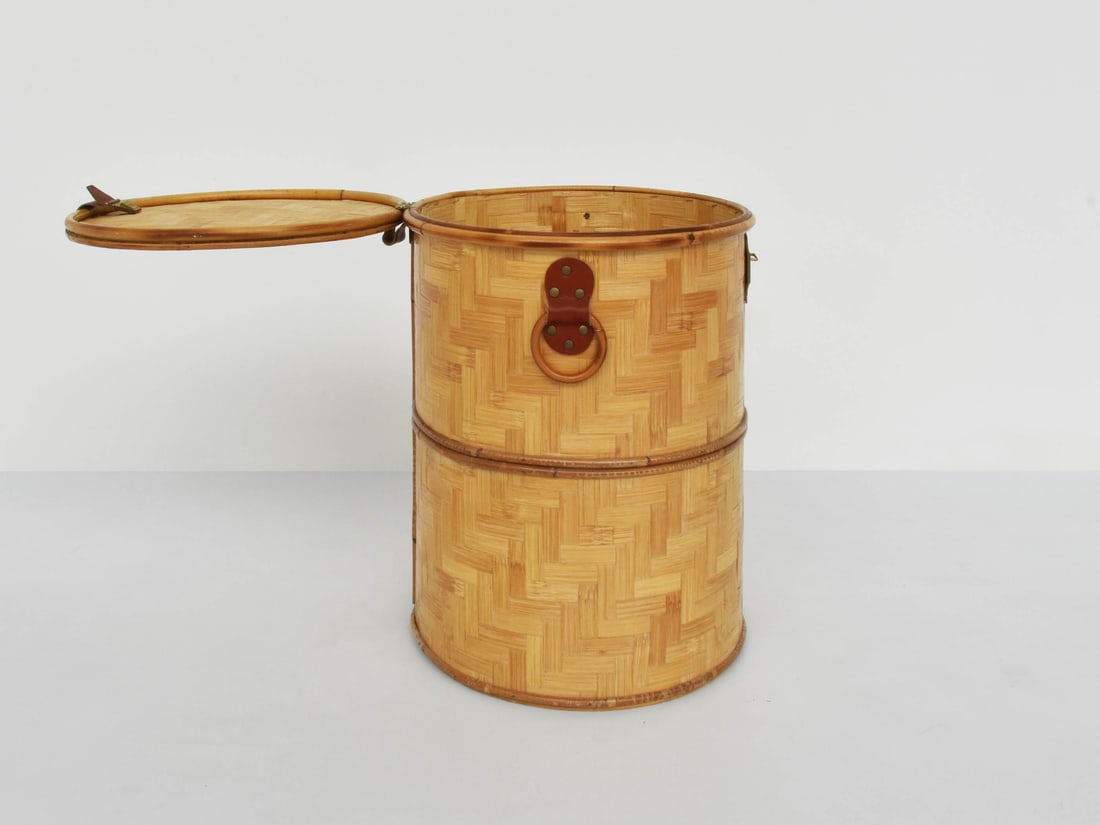 Italian Closed Rattan Basket with Leather Details, 1973 - 8