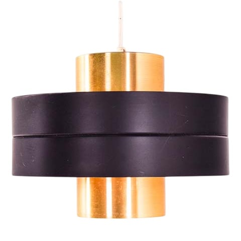 Pendant Lamp in the style of Fog & Mørup, 1960s: The lamp consists of two aluminium lacquered in brass shades with a black band that runs around the middle. The interior is painted on yellow, which gives it a warm color when switched on. This