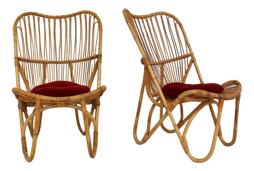 Set of Modern Bamboo Armchairs by Viggo Boesen, 1966: New deep red velvet cushion. Country of Manufacture: Denmark Design Period: 1960 to 1969 Production Period: 1960 to 1969 Additional Condition Information: New Deep Red Velvet Cushion Detailed