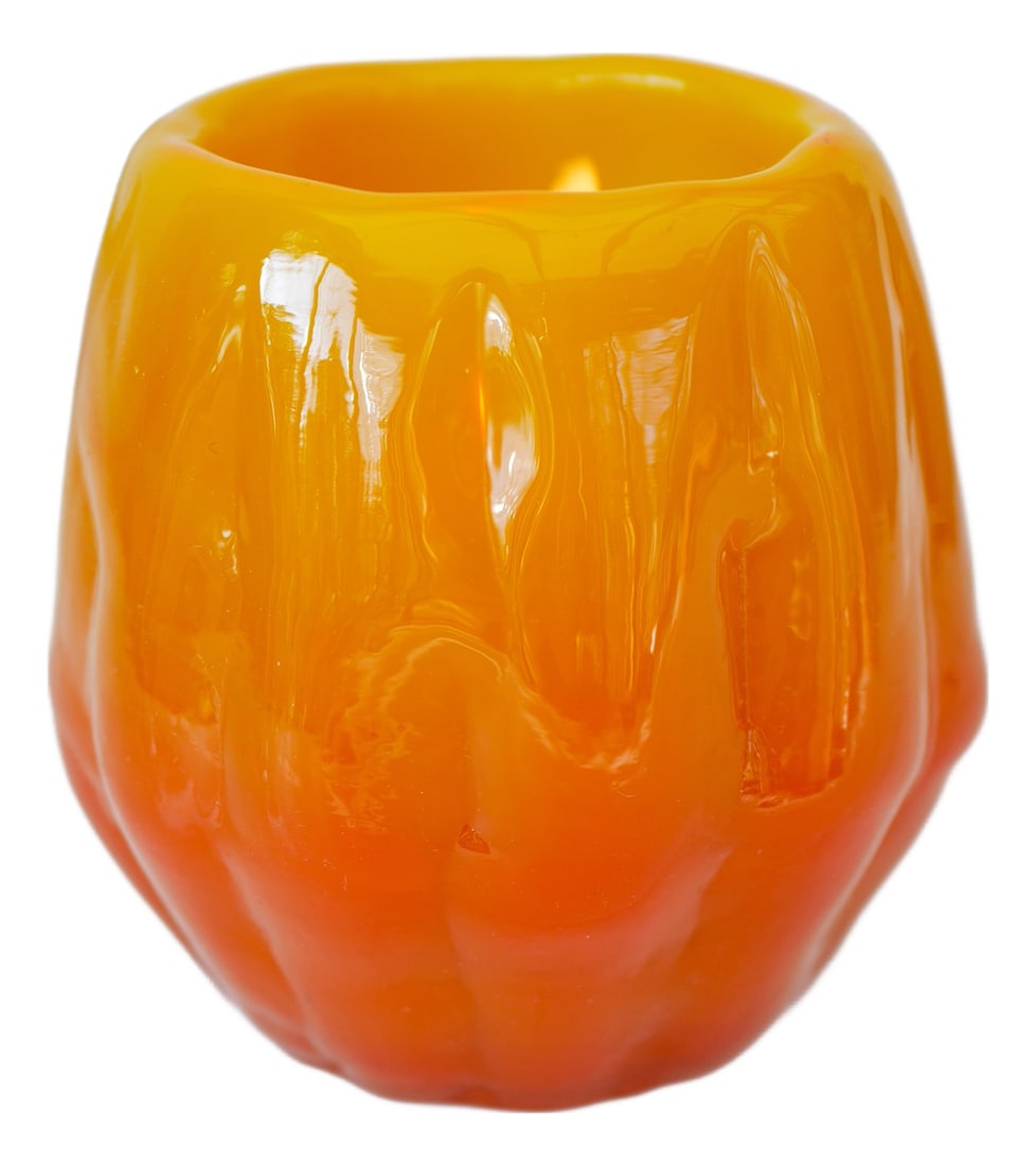 Art Glass Candleholder by Göte Augustsson Ruda Glasbruk: A stunning massive bright orange vintage glass candle holder or small vase from the Selena series, made by the talented Göte Augustsson for Ruda Glasbruk, Sweden. This is a very special piece