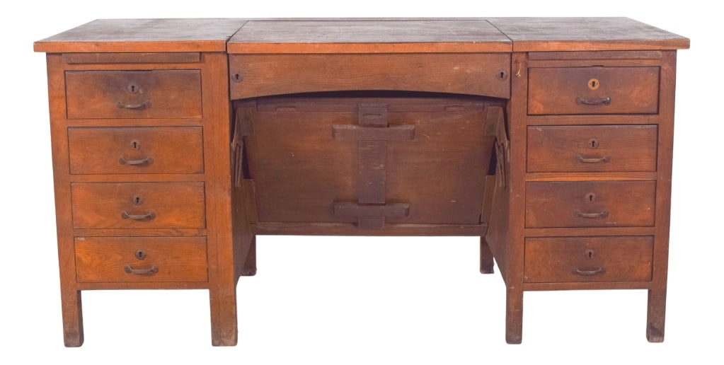 Mid-Century Portuguese Desk with Tilting Top, 1950s: Mid-20th century Portuguese desk with a tilting top. Its functional design is typical of the 1930s to 1950s. The piece features a symmetrical structure with ten drawers, five on each side, with metal