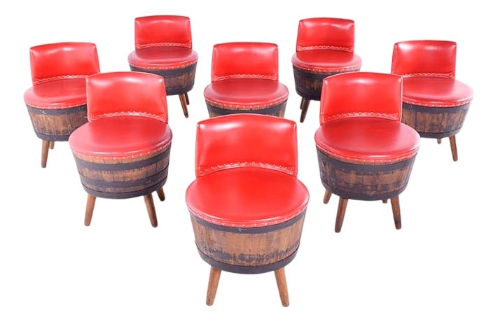 Vintage Barrel Bar Chairs, 1960s, Set of 8: Wonderful piece of furniture made from a barrel! Set of 8 stools. It becomes a rare piece and certainly brings a unique aesthetic to the design of any environment. These amazing bar stools/chairs are
