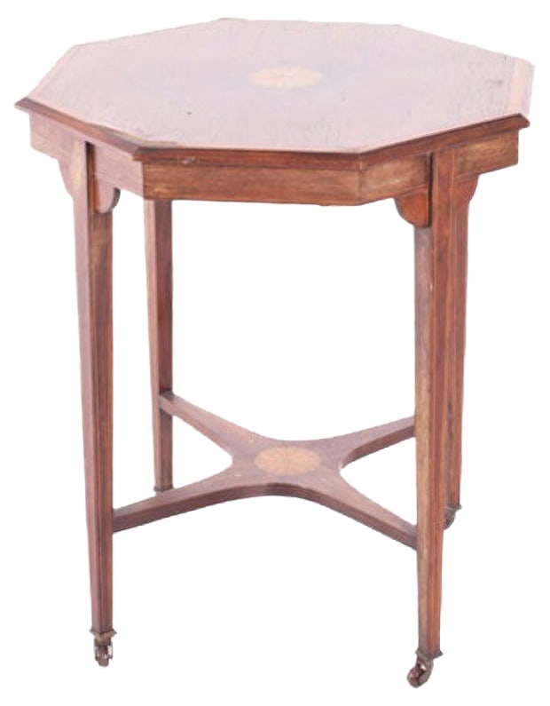 Antique English Rosewood Side Table: This English side table is made of santo wood and features inlays. Country of Manufacture: United Kingdom Design Period: 1890 to 1919 Production Period: 1890 to 1919 Restoration and Damage Details:
