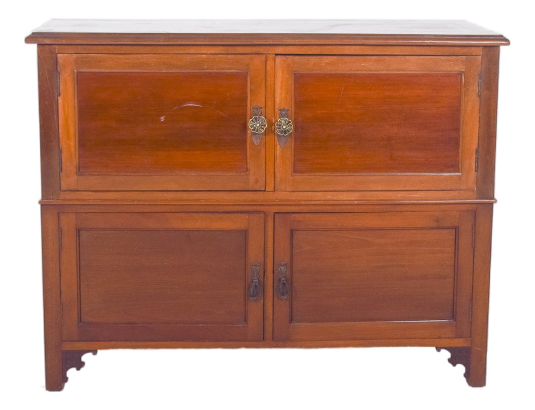 20th Century Portuguese Cabinet in Wood, 1940s: Cabinet with four doors. Made up of two overlapping units, each with two front-opening doors that reveal spacious and well-divided internal compartments, ideal for a variety of storage purposes. Count