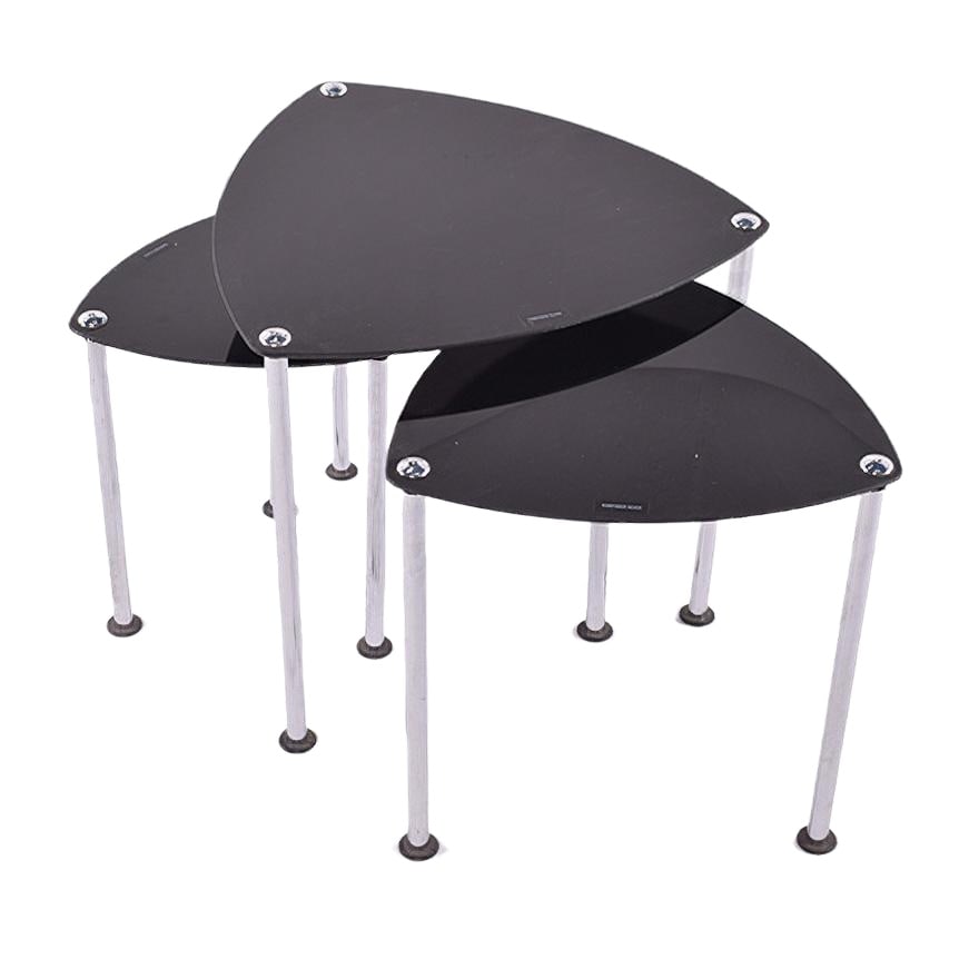 Chrome Plated & Glass Nesting Tables, 1980s, Set of 3: This set of triangular-shaped nesting tables features a crome-plated structure with a smoked black glass top. Country of Manufacture: Denmark Design Period: 1980 to 1989 Production Period: 1980 to