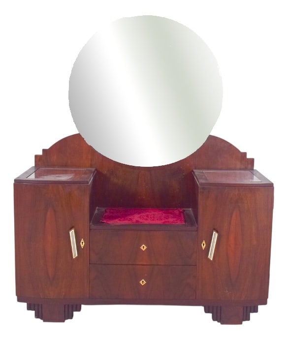 Vintage Art Deco Walnut Dressing Table, 1920s: Dressing table with Art Deco mirror. Made from fine wood, it has straight, symmetrical lines typical of the style, with sloping golden metal handles that emphasise the elegance of the furniture.
