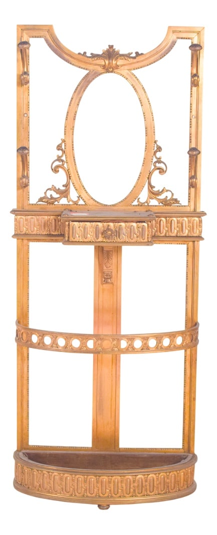 Portuguese Gilded Iron Coat Stand, 1920: This elegant coat stand, crafted in iron and painted in a rich golden finish, dates from the early 20th century. Its design blends functionality with ornamental detail, reflecting the decorative