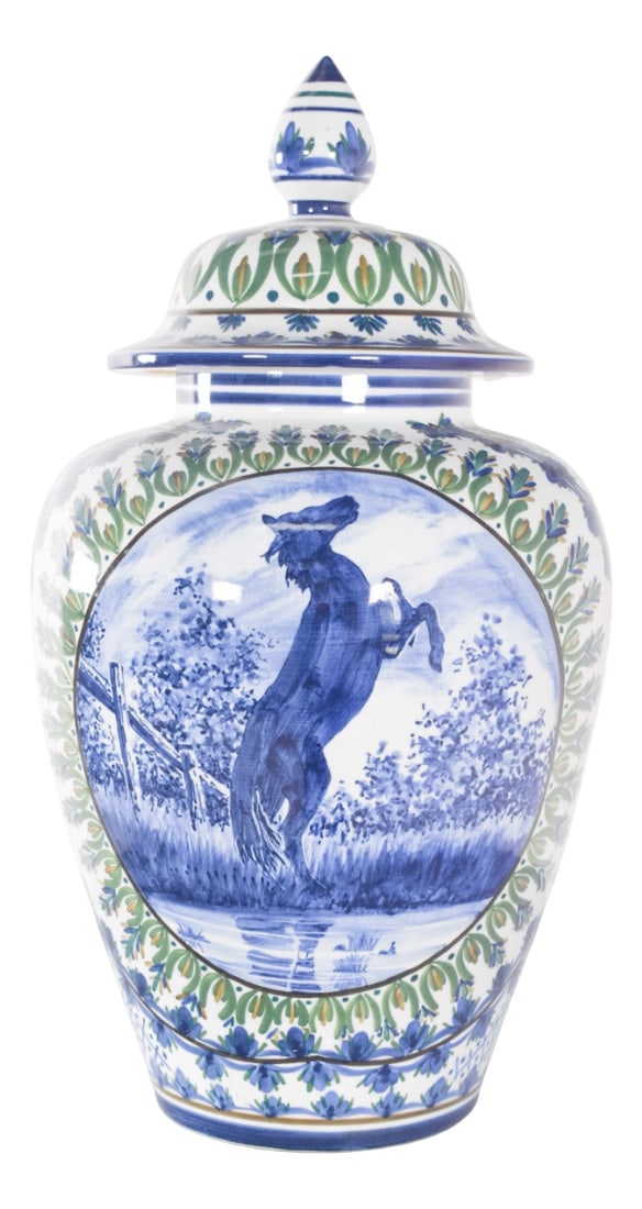 Vase with Lid in Alfe Porcelain, Portugal, 1950s: Vase with lid in Alfe Porcelain. Alfe porcelain, known for its tradition and quality in Portugal, stands out in this piece for the harmonious combination of blue and green tones and the realistic