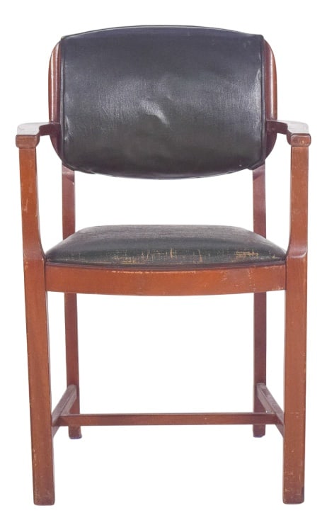 Portuguese Desk Armchair, 1950s: Office chair with arms. Seat and backrest upholstered in black vinyl material, fixed to the back directly to the frame. The backrest is slightly curved, adapting to the ergonomics of the back, while