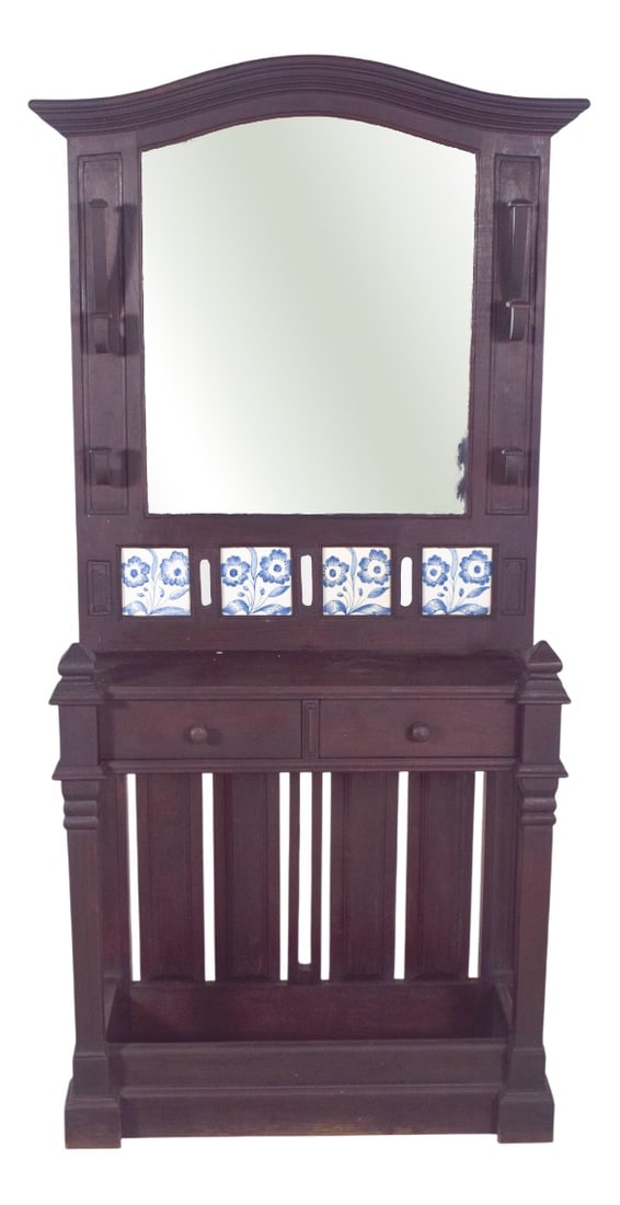 Portuguese Coat Rack with Tiles and Mirror, 1920s: Coat rack with tiles and mirror. Made from solid dark wood, the cabinet is vertically structured, with a sturdy base and a lower space reserved for umbrellas or walking sticks, bordered by panels and