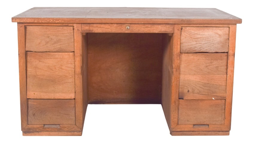 Portuguese Desk in Oak, 1950s: Portuguese desk from the first half of the 20th century. With a robust and functional structure, representative of administrative furniture from the first half of the 20th century. The straight-line