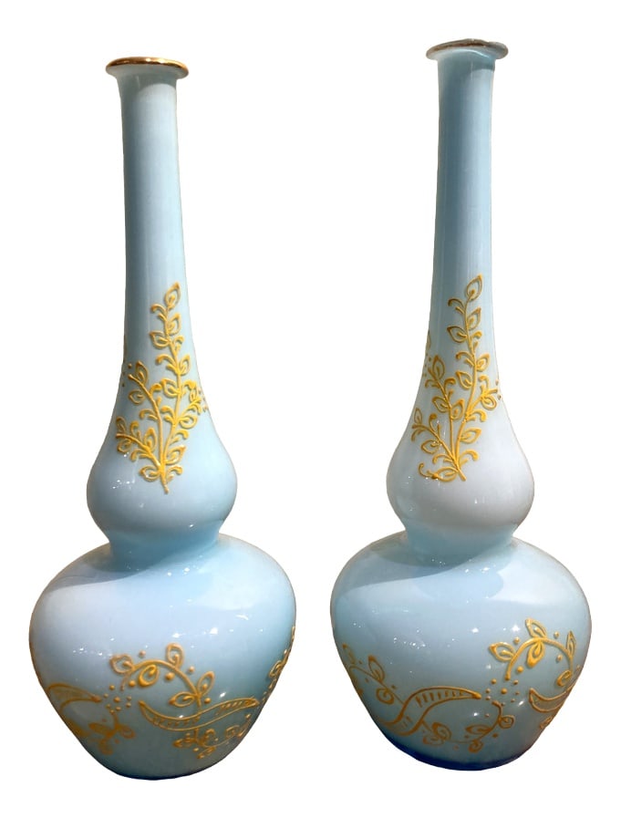 Murano Glass Opaline Soliflower Vases, Set of 2: This pair of Italian Mid-Century Modern Murano opaline glass soliflower vases boast a funny trumpet and round belly shape, the most wonderful translucent turquoise color, a lovely yellow hand painted