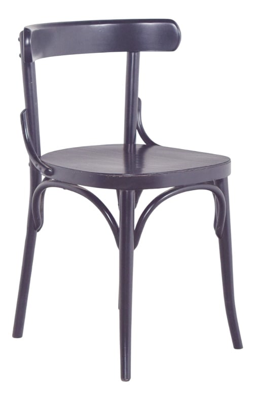 Vintage Black Lacquered Chair, 1950: Pair of black painted chairs with a low, curved backrest that extends laterally in a continuous, smooth line, characteristic of 20th century functionalist design. The structure features simple,