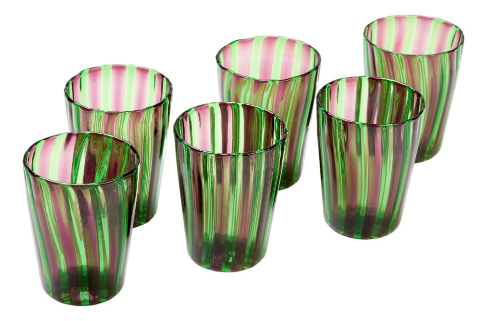 Tequila Glasses by Ballarin for Ribes Studio, Set of 6: The harmony of the canes, regularly spaced by expert and precise hands like a Renaissance master. The expert cut of the rim of the glasses where the mouth rests to delicately savor a good wine. The
