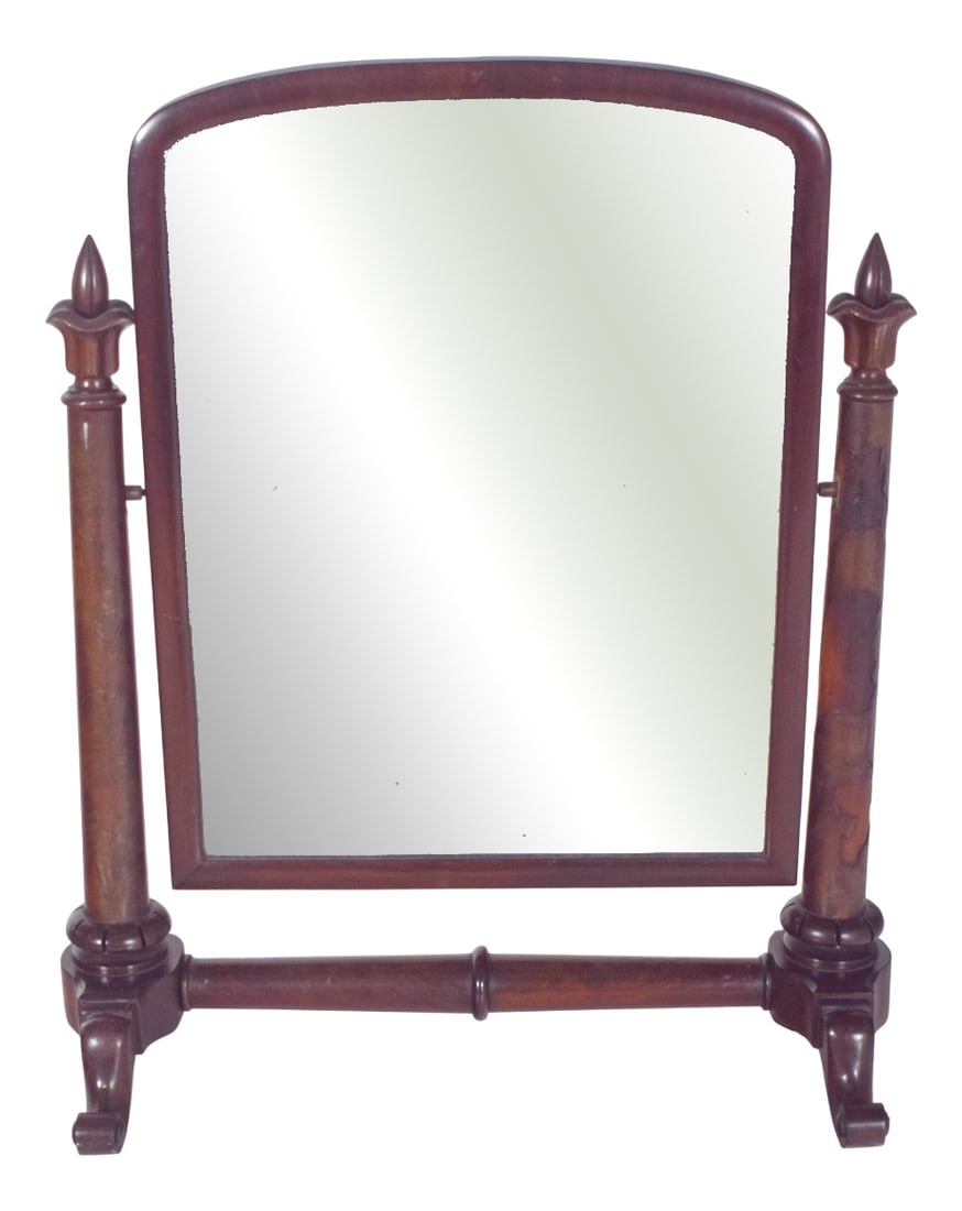 English Dressing Table Mirror with Turnings: Dressing table mirror with turned edges. The mirror is rectangular, with rounded top corners and is set in a simple, elegant frame, supported by two turned columns with floral details at the top, in