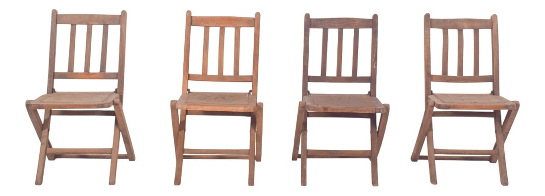 Wooden Folding Chairs, 1950, Set of 4: Set of four wooden folding chairs. with a folding structure that allows for easy storage and transportation. Each chair has a backrest composed of three vertical crossbars inserted between two