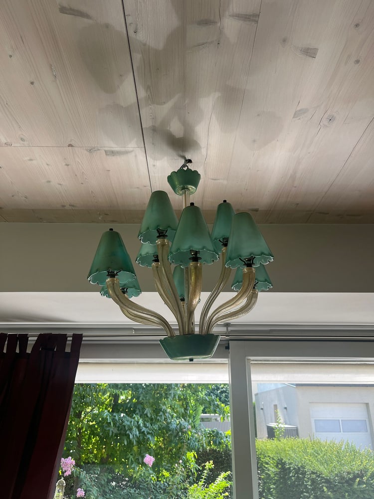 Murano Chandelier with Green Gold Leaf 24K, 1960s - 5