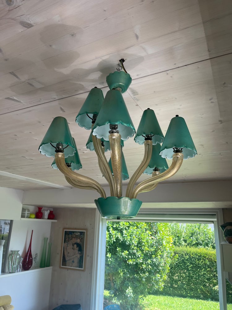 Murano Chandelier with Green Gold Leaf 24K, 1960s - 7
