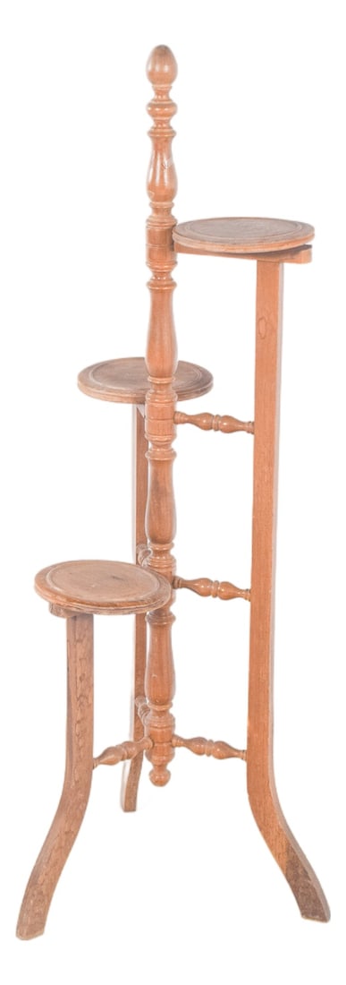 Circular Flower Plant Support, 1950s: Flower box with circular supports for three pots. The structure is made up of three curved legs and turned reinforcements that connect the support levels, ensuring stability. Each shelf is arranged