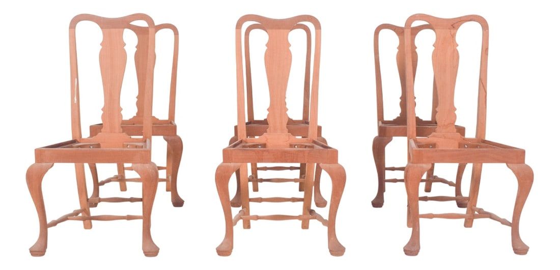 Portuguese Queen Anne Dining Chairs, 1940s, Set of 6: Six reproduction chairs, est. Queen Anne. High-backed, with openwork backrest and central “vase” cutout, characteristic of the style.The front legs have an elegant cabriolet curve, which