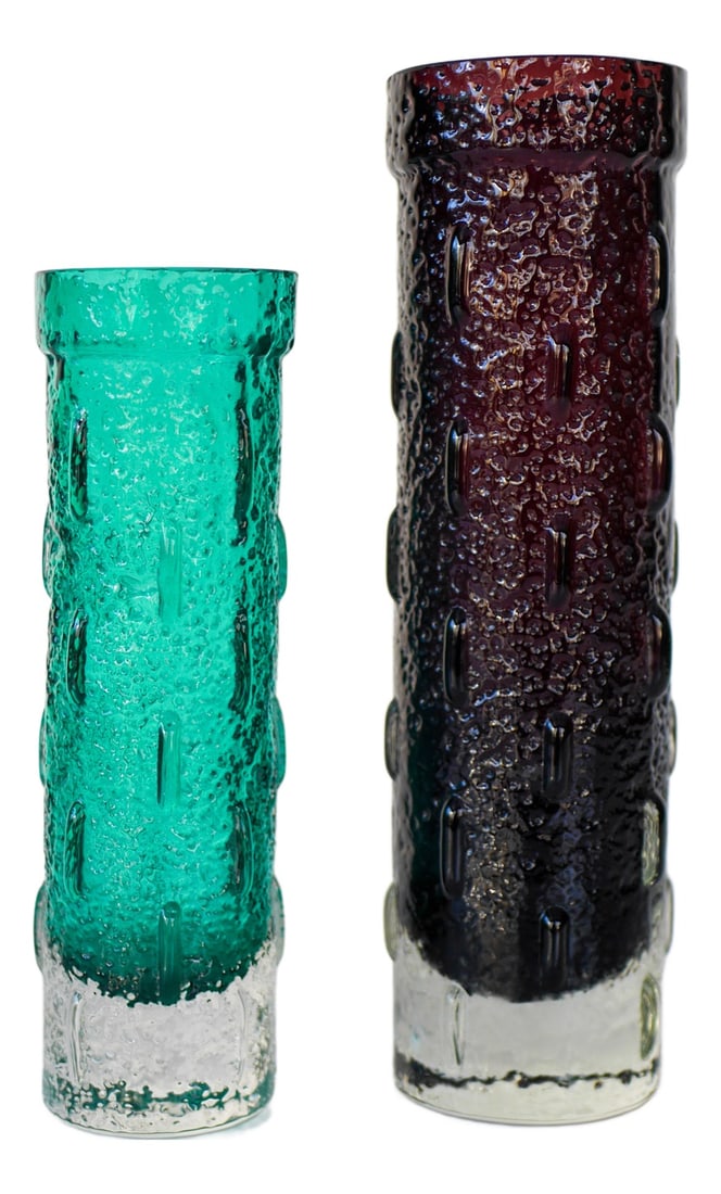 Glass Vases by Aladin for Riihimäen Lasi, Set of 2: Vintage modernist Finnish art glass vases from the prestigious designer Tamara Aladin. These vases have the most amazing color, the large one has a gorgeous deep velvety purple. The smaller one has a