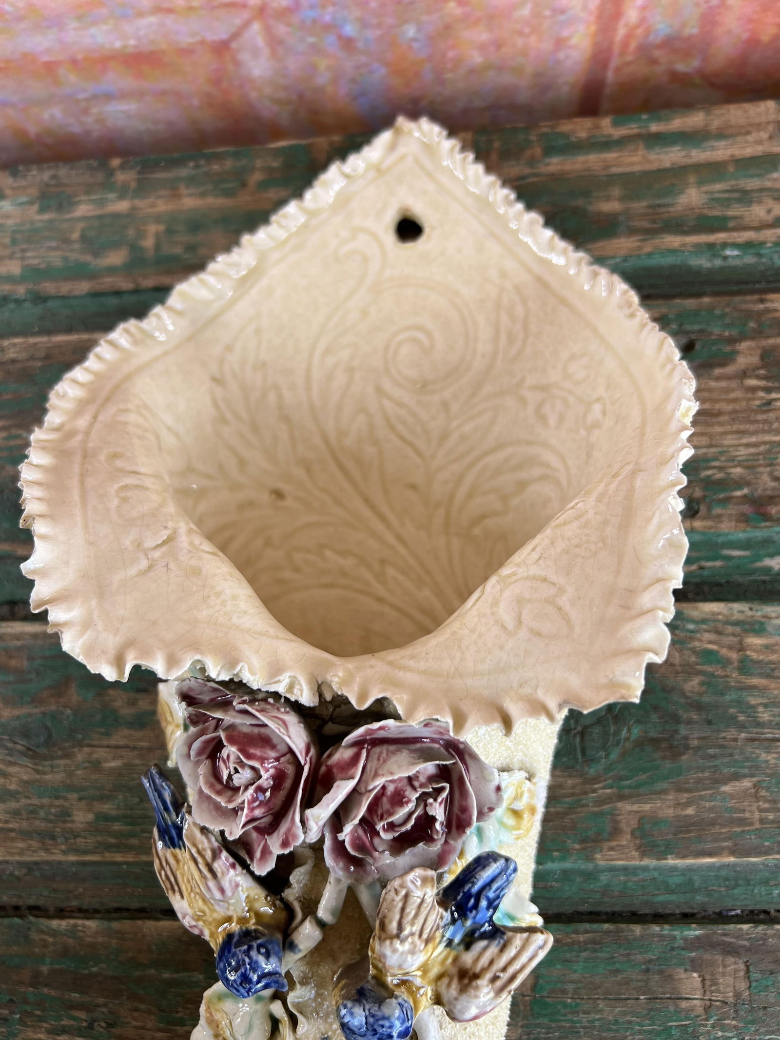 Flower and Bird Slip Wall Vase, 1890s - 8