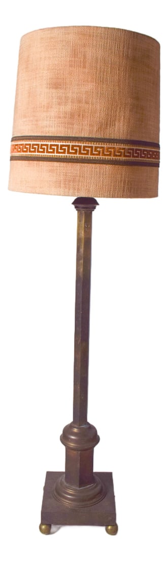 Danish Brass Floor Lamp with Fabric Shade, 1950: This Danish floor lamp combines elegance and functionality, featuring a solid brass structure and a tall, slender column rising from a square base with rounded feet. The lamp is topped with a