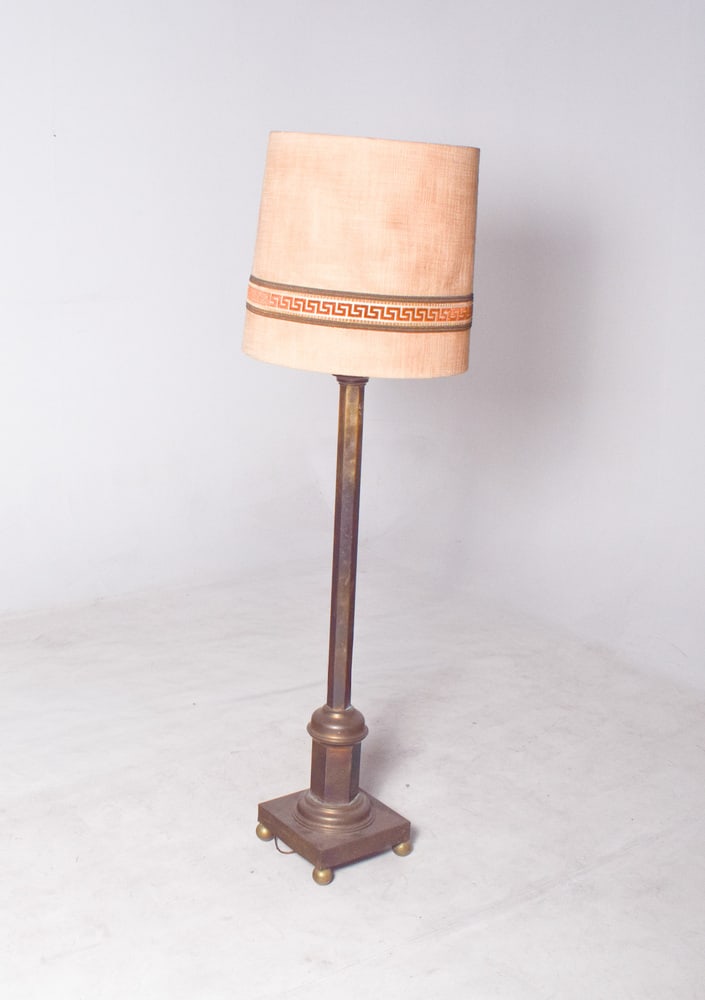 Danish Brass Floor Lamp with Fabric Shade, 1950 - 3