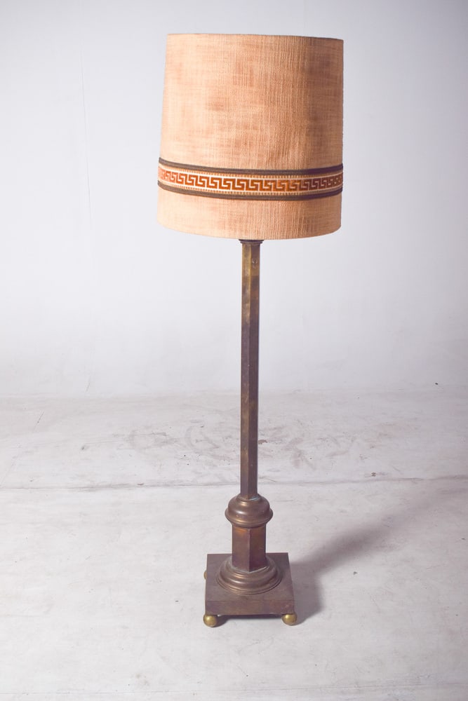 Danish Brass Floor Lamp with Fabric Shade, 1950 - 6