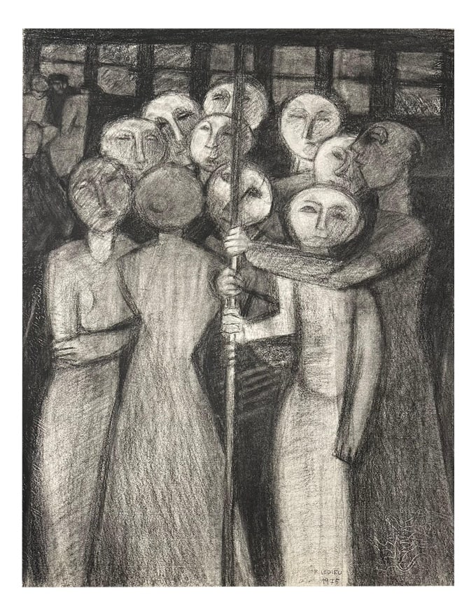 Francine Ledieu, Paris Metro, 1975, Chalk on Paper: Black chalk on paper Francine Ledieu is French artist born in 1931 who lives and works in Paris, France. In the 50s, she was a student of Maurice Rocher who specialized in Sacred art. In the