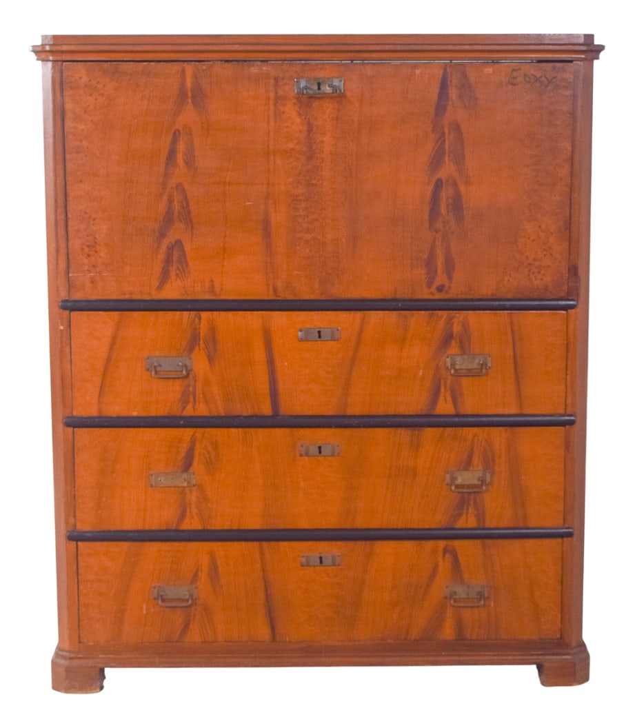 Vintage Abattant Cabinet with Three Drawers, 1920s: Abattant cabinet with three drawers. with an upper compartment with a hinged front, its exterior design is elegant and restrained, emphasised by the symmetrical and flamboyant veins of the wood,