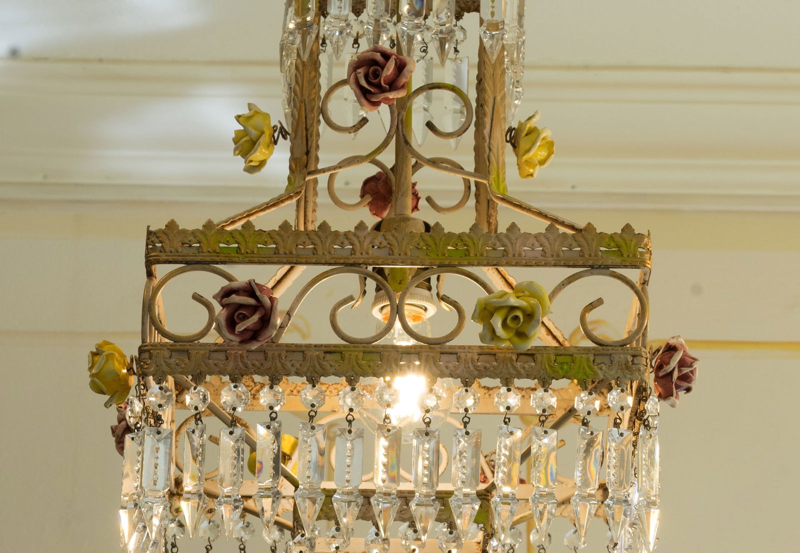 Empire Italian Chandelier with Porcelain Flowers, 1950s - 5