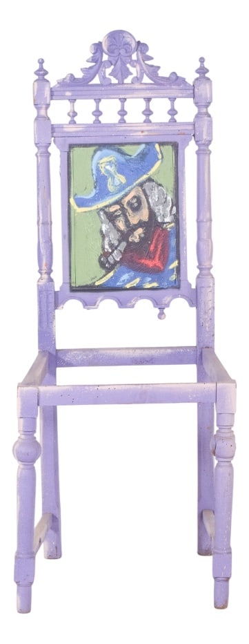 Portuguese Painted Pirate Chair by Francisco Camilo: Painted dining chair with pirate figure and eye. High back in carved wood, intervened with contemporary painting in violet tones and contrasting figurative elements. This is a unique piece, with the