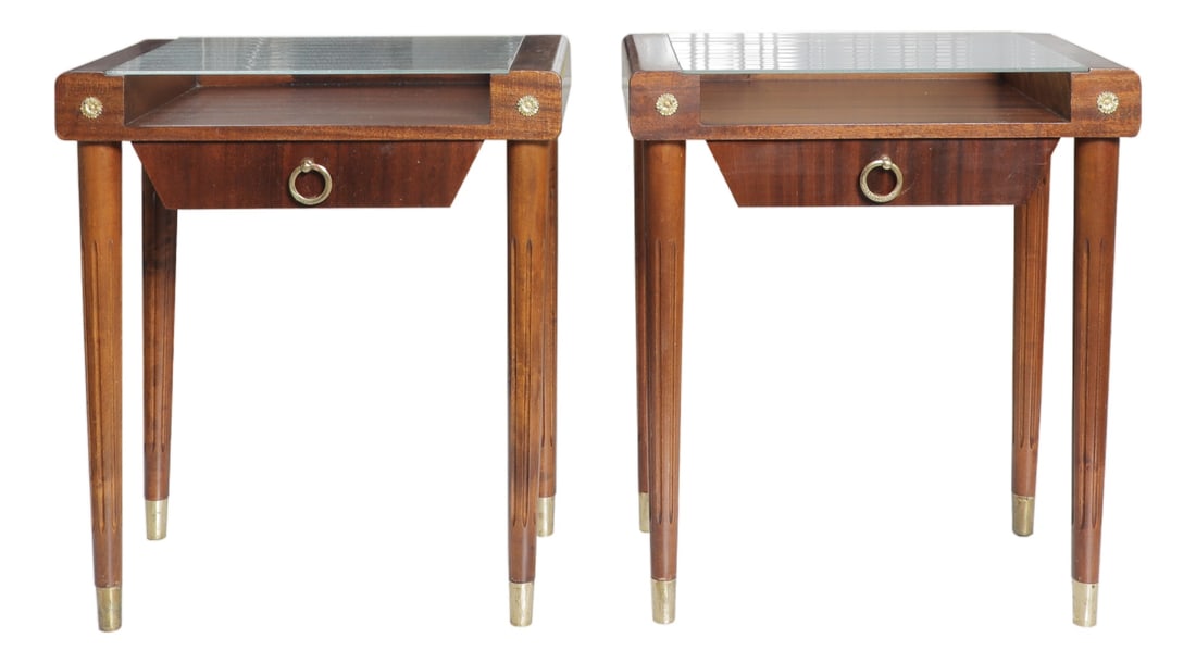 Mid-Century Modern Wooden Nightstands, Set of 2: Slight wear, some scratches. Clean and nice drawers. Glass tops are slightly different from each other - please see pictures Country of Manufacture: Sweden Design Period: 1950 to 1959 Production