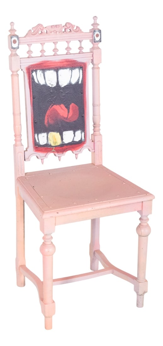 Portuguese Painted Teeth Chair by Francisco Camilo: Painted chair with teeth and tongue on the back. With a turned structure and decorative carvings on the backrest, transformed by an artistic intervention that reinvents it as a piece of contemporary