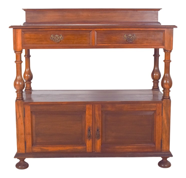 English Dumbwaiter with Tall Back: Dumbwaiter with small elevation. with classic shapes and well-distributed proportions, the lower part has two padded panel doors with discreet metal handles, opening onto a closed compartment with