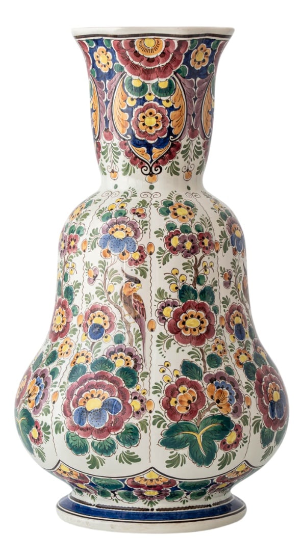 Polychrome Delft Double Gourd Vase from Velsen, 1960s: This vintage Dutch Delft double gourd vase exemplifies the exuberant artistry of mid-century ceramic design. Hand-painted in the Netherlands in the 1950s, it features a monumental silhouette that
