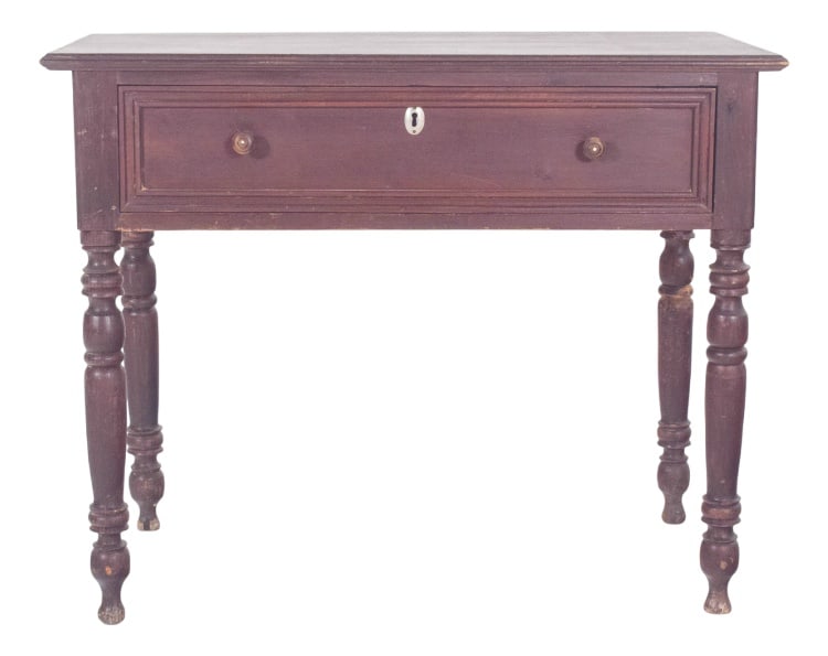Mid-Century Portuguese Romantic Desk, 1920s: Romantic desk/table with drawer. with two round handles and a central lock, it's a functional piece for storing small objects or documents. The turned legs are reminiscent of traditional styles such