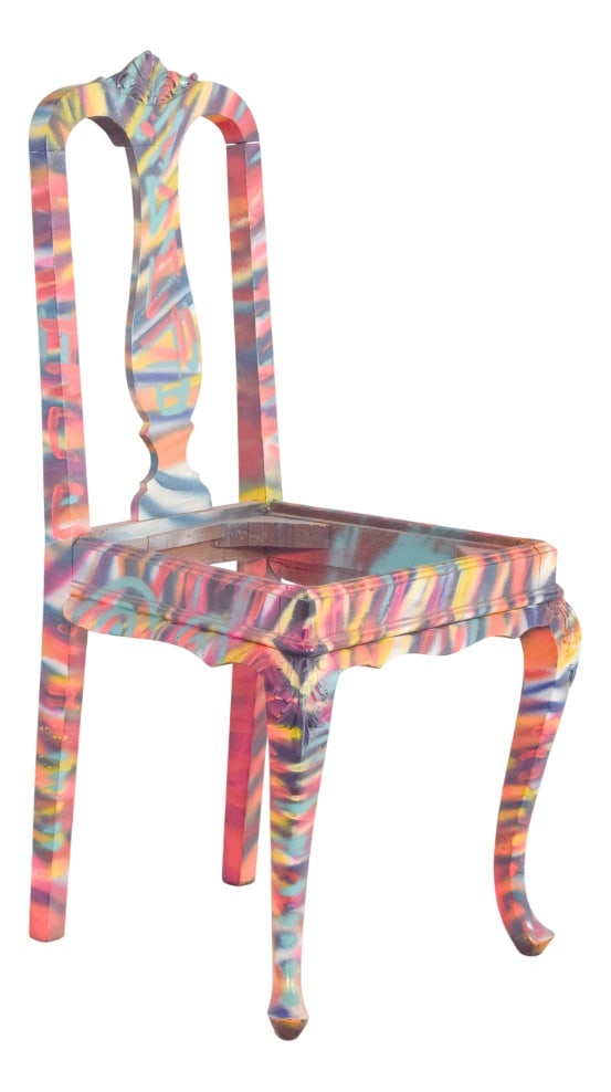Portuguese Painted Chair by Francisco Camilo, 1950s: Painted dining chair. with decorative carvings on the upper edge, it has been decorated with contemporary multicolored paint. The bottom of the piece is covered with a vibrant base where shades of
