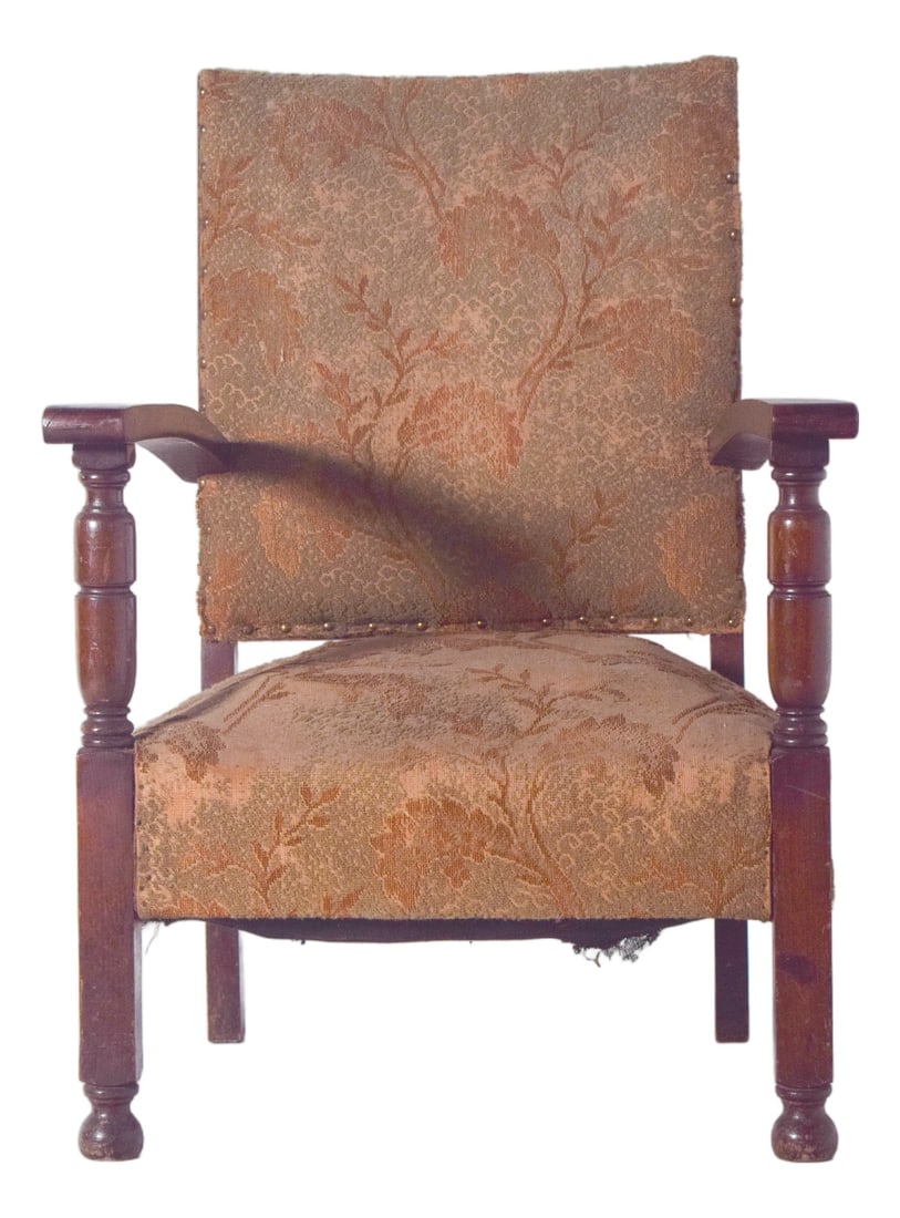 Portuguese Low Armchair, 1890s: Low armchair with upholstered back and seat. The backrest and seat are generously proportioned, comfortably cradling the body, while the armrests, also in wood, have a slight curve at the ends for