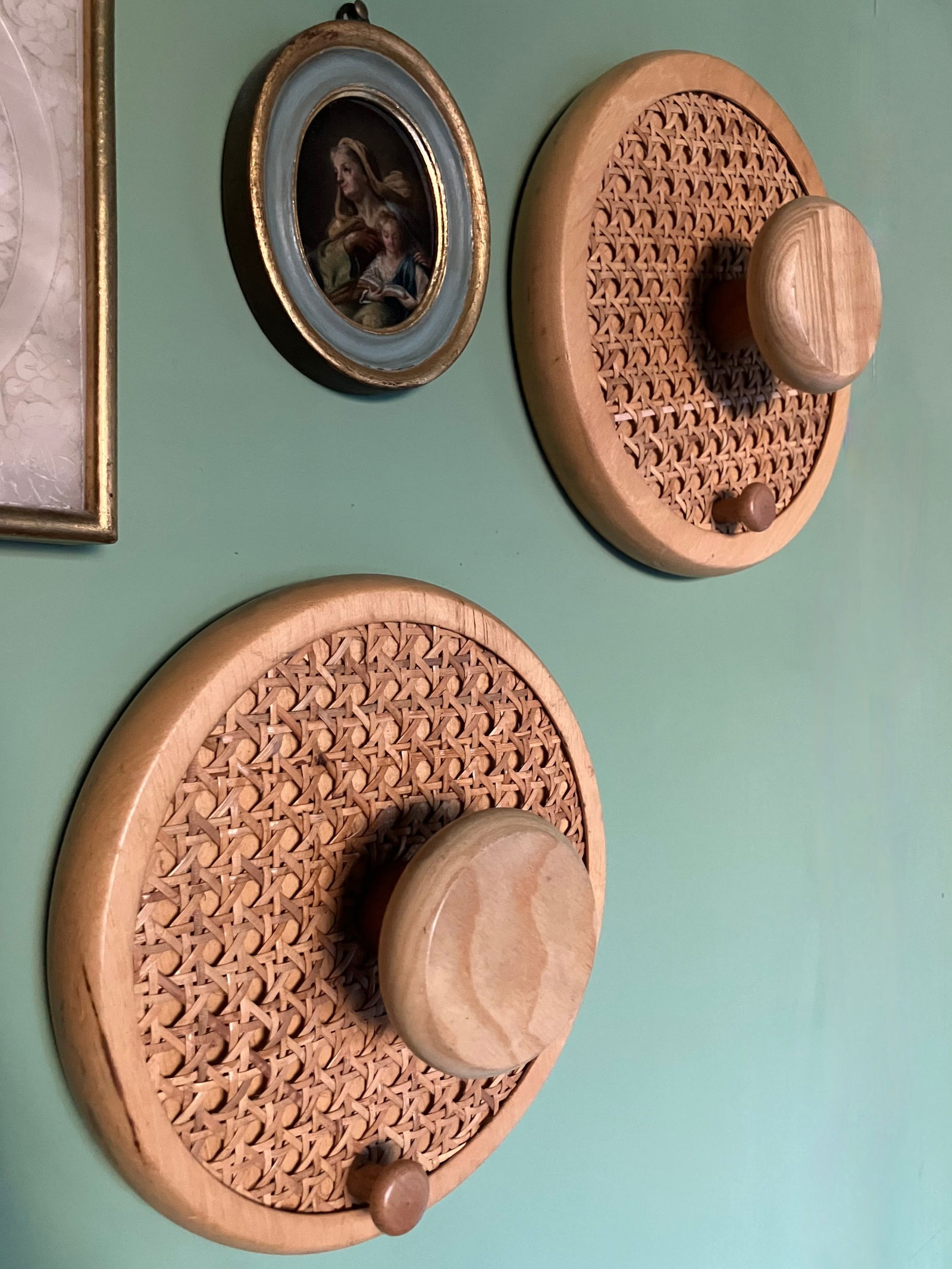 Coat Wall Hooks in Wood and Woven Cane, 1960s, Set of 2 - 5