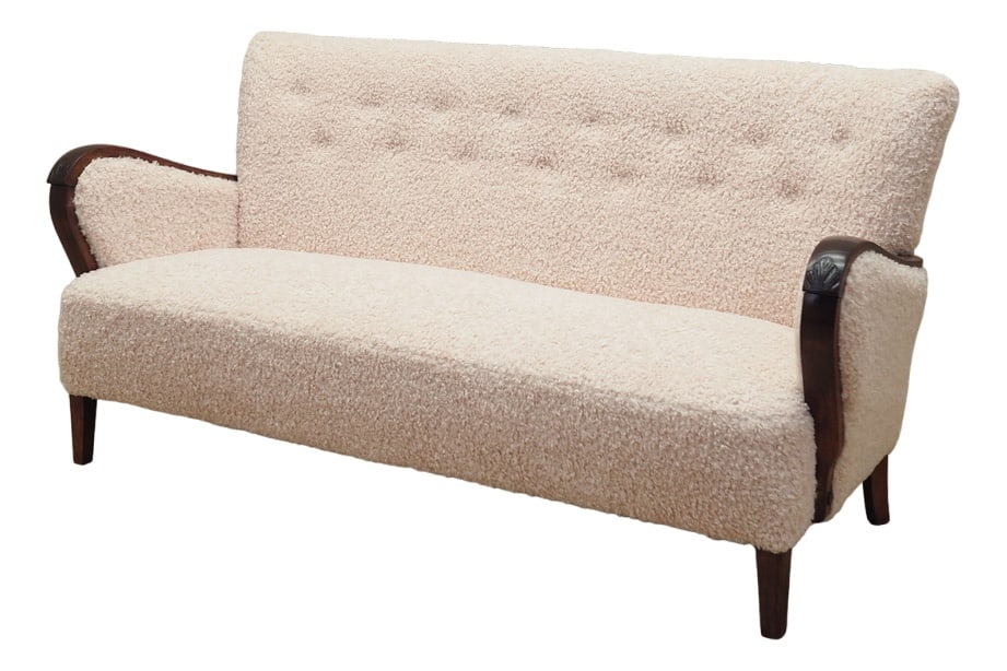 Danish Beech Sofa, 1960s: The sofa was made in the 1960s, Danish production.The structure of the furniture is made of solid wood. Legs and armrests made of solid beech wood. The sofa has undergone upholstery renovation, sponge