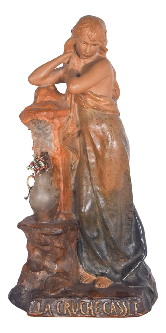 La Cruche Cassée Jug Figurine in Clay, France, 1950s: Clay figurine, “La Cruche Cassée”. It represents a young figure with long, wavy hair, with an introspective and serene look. The torso is partially uncovered, with the right arm