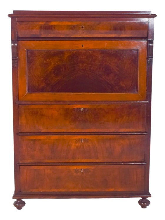 Antique Abattant Cabinet with Large Drawers, 1890s: Abattant cabinet with three large drawers. with a hinged top, characteristic of 19th century European furniture. Made from noble wood with a varnish finish, it has striking natural veins and rich