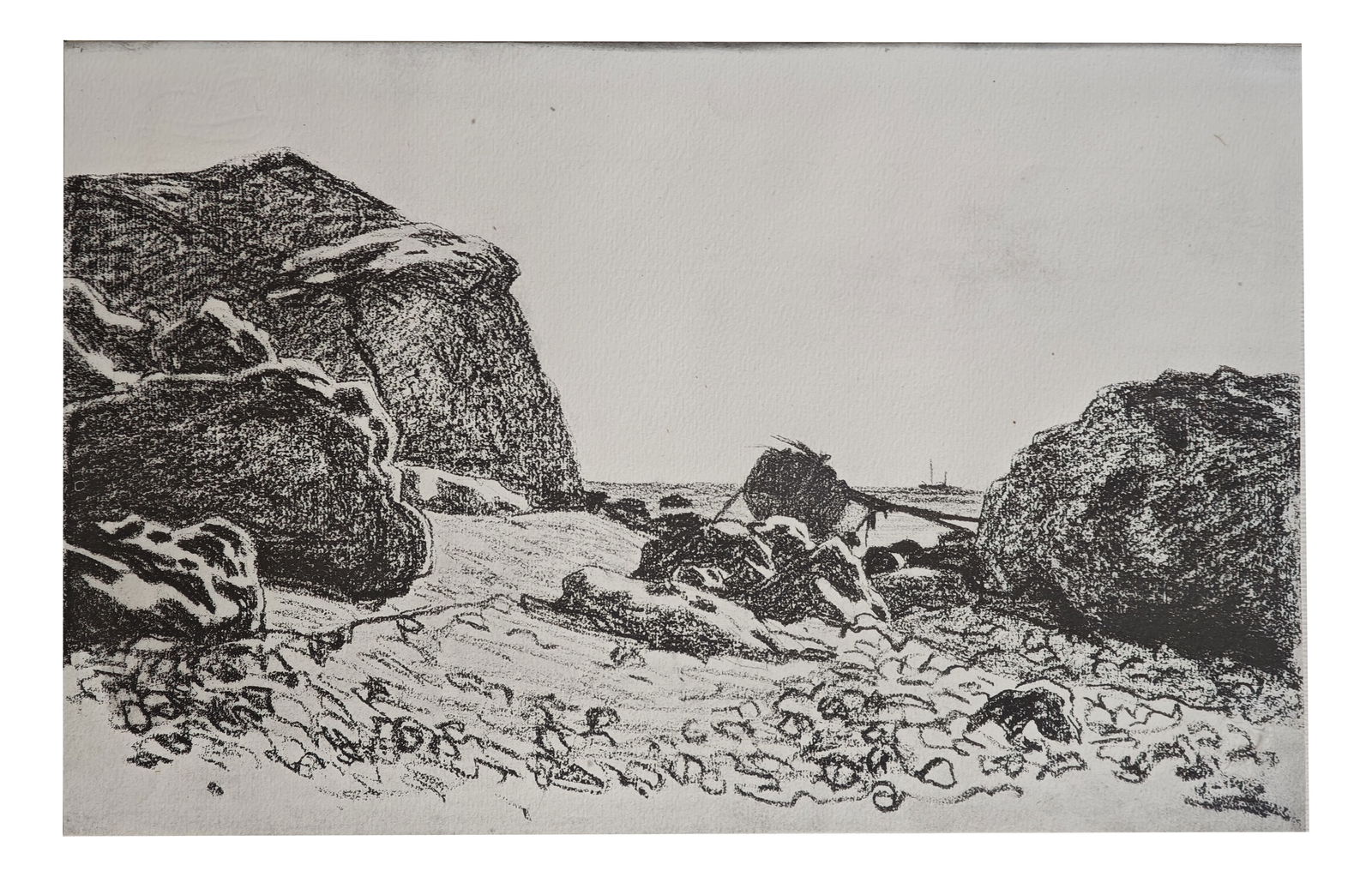After Claude Monet, Boat Between Cliffs, Lithograph: A lithograph after Claude Monet from "Die Skizzenmappe - Zeichnungen französischer Meister des neunzehnten Jahrhunderts" portfolio with text by Julius Elias, published by Marees-Gesellschaft in