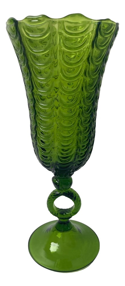 Large Murano Glass Chalice in the style of Carlo Scarpa: Absolute stunning Calix in the style of Ercole Barovier in a wonderful color: dark green original formula Murano. Decoration obtained by applying threads of green glass in spiral shades or vitreous