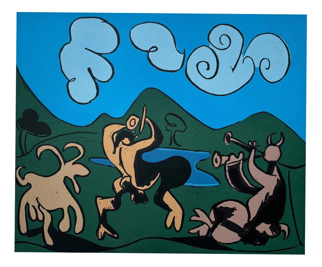Pablo Picasso, Bacchanal: Fauns and Goat, Linocut, 1962: Pablo Picasso (1881-1973)Bacchanal: Fauns and GoatColour Linocut on Vellum paperyear 1962sheet size: 317 x 383 mmimage size: 270 x 327 mmplate number 31 from the collection of Linocut published by