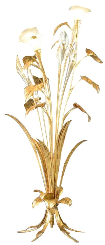 Hollywood Regency Gold Leaf Floor Lamp by Hans Kögl: Gold Leaf Hollywood Regency Floor Lamp By Hans Kögl - Takes 2x E27 fitting bulbs - Gold plated brass - On/Off switch on the cable - By Hans Kögl - German ~ 1960s - 60cm wide x 150cm tall