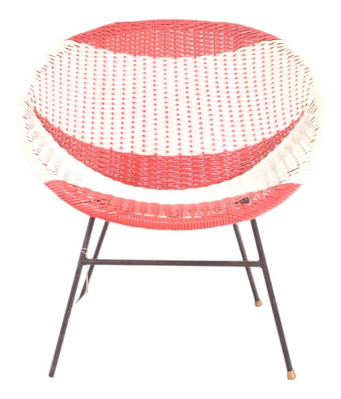 Mid-Century Woven Wicker & Plastic Bucket Chair, 1950s: Wonderful plastic fabric chair from the mid-20th century. Tubular metal legs with rubber caps. The seat is woven with durable plastic cord. One red and one white. In good original condition. Country o